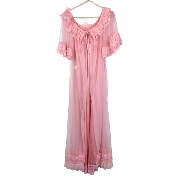 Vintage Jenelle of California Pink Sheer Nightgown Chiffon Nylon Tricot Robe Set - Picture 1 of 13